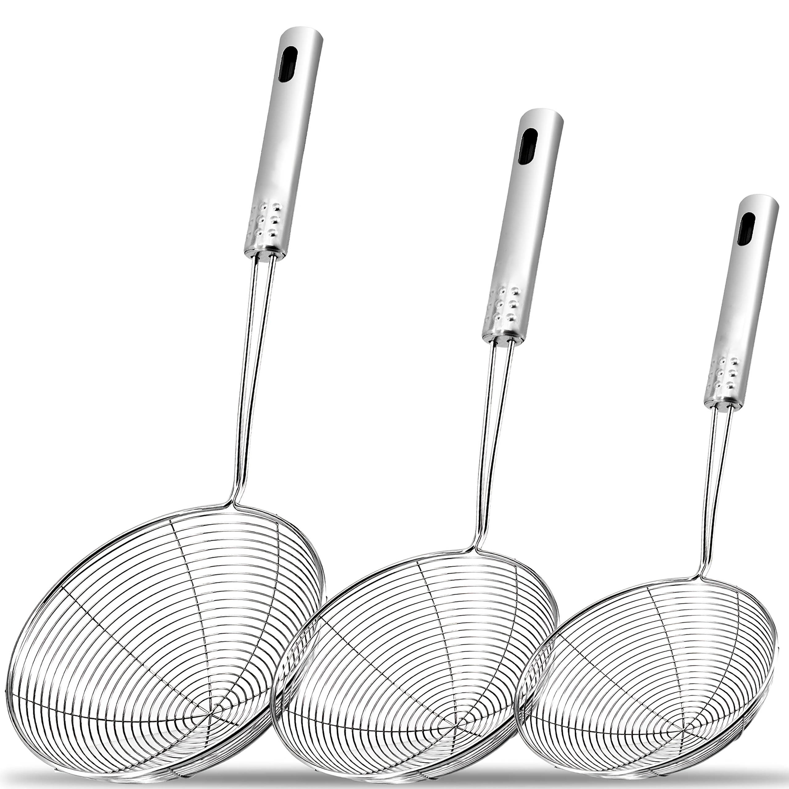 [Stainless Steel Strainer Ladle] Heavy-Duty Stainless Steel Spider Strainer Ladle with Long Handle & Fine Mesh - Italian Pasta Drainer, Frying Pan Filter for Soup, Vegetable, Egg Cooking - Commercial & Home Kitchen Tool (201 Grade, Durable Easy-Clean Design)