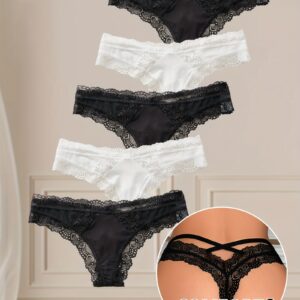 5pcs Women'S Lace Thongs - Sexy Drawstring, Breathable, Solid Color (Black/White) with Floral Patterns, Soft & Romantic Lingerie for All Seasons, Perfect Holiday Gift