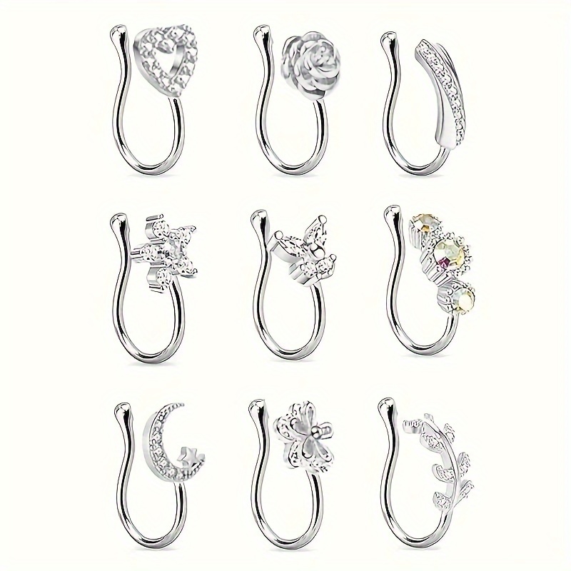 Nose Clip and Stud Set, 10pcs with Copper Synthetic Zirconia, U-Shaped Heart Crown Butterfly Five-Pointed Star Nose Rings - Image 7