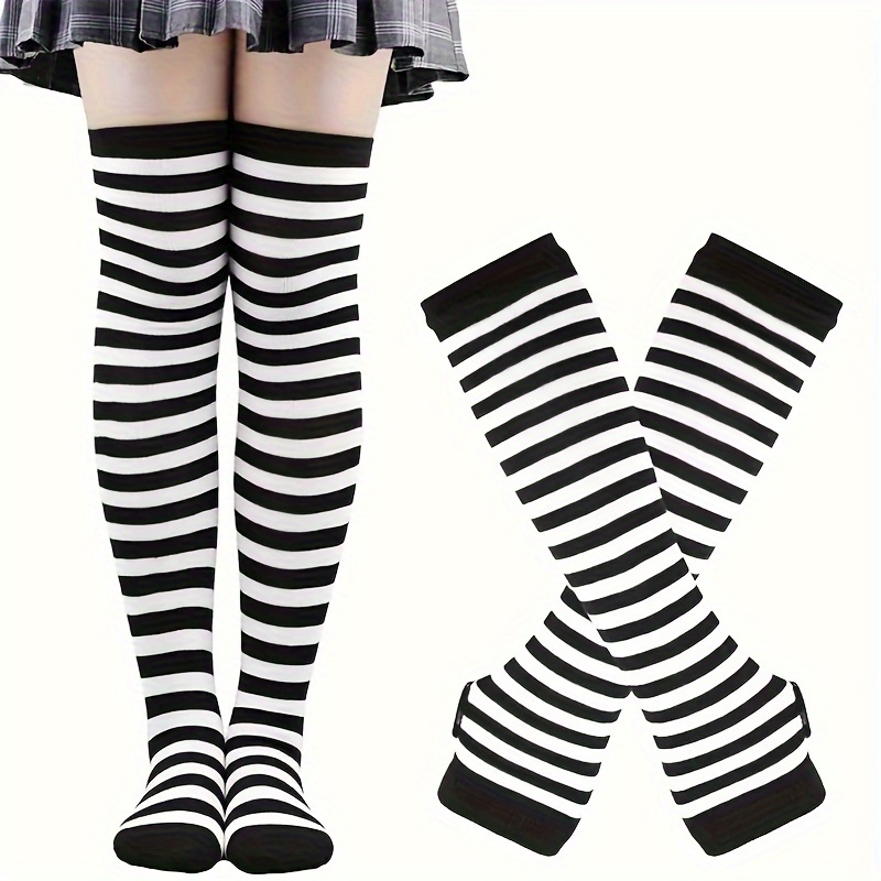 Striped Knee-High Socks with Knit Sleeves and Fingerless Gloves | Polyester and Polyamide, Ideal for Vacation and Party Outfits, Hand Wash Only, For Teenager - Image 4