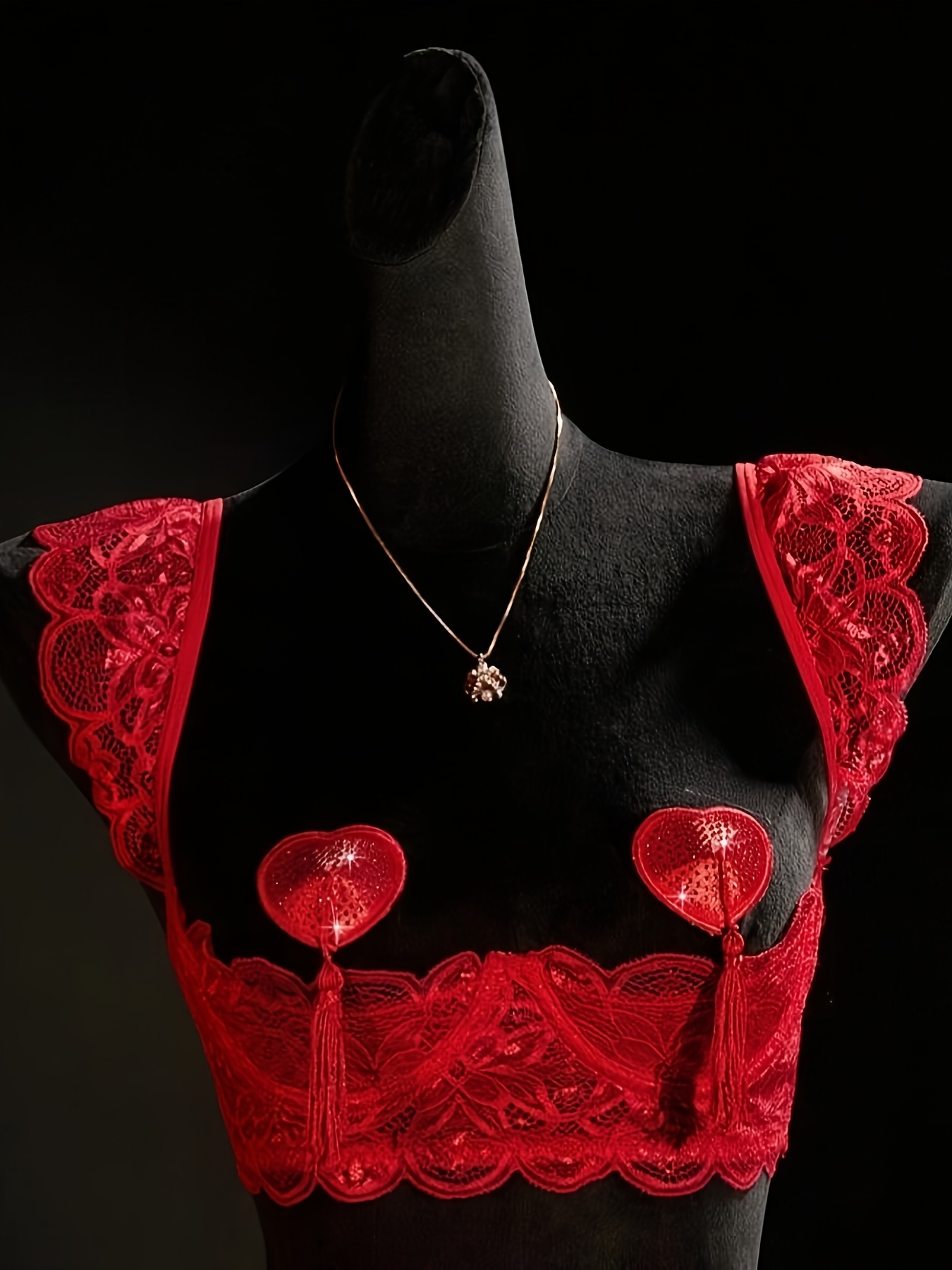 4pcs Sheer Mesh Lingerie Set with Heart Tassel Pasties | Seductive Date Night Intimate Wear, Medium Support, Drop Waist, Solid Color, Perfect for Adults, by - Image 2