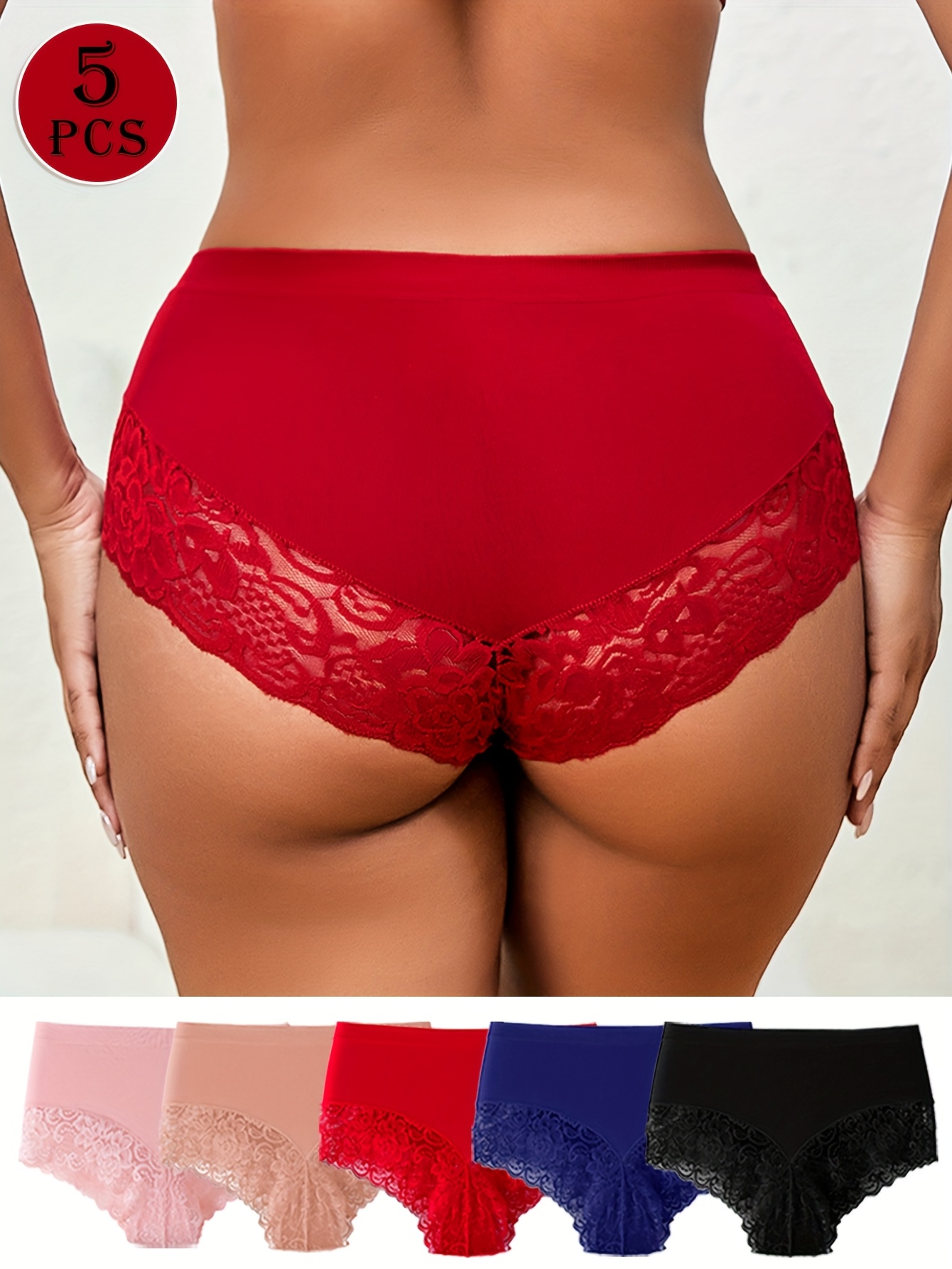 5pcs Women'S Sexy Seamless Breathable Red Lace Trim Panties - Mid-Rise Briefs with Contrast Lace Trim, Solid Color, Comfortable & Stylish Underwear for Women, Lace Trim Panties, Comfortable Underwear, Elegant Underwear, Soft Fabric - Image 5
