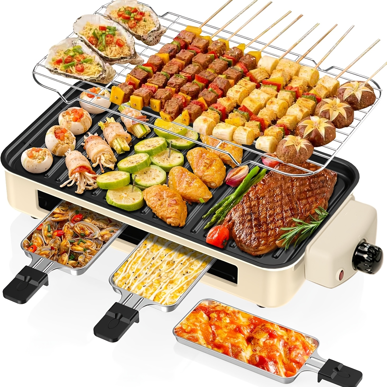 Electric Grill Suitable for Both Indoor And Outdoor Use, Complete with Grilling Tongs, Skewers, Disposable Gloves, an Oil Brush, a Smokeless Design, a Non-Stick Removable Frying Pan, And Is Portable And Dishwasher Safe, Operating at 1200W.