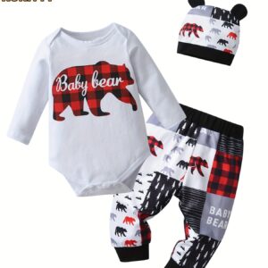 Newborn Baby Boy Clothes Red Plaid Bear Pattern Long Sleeve Bodysuit + Pants + Hat Infant Boys 3pcs Outfits Set, for Outdoor