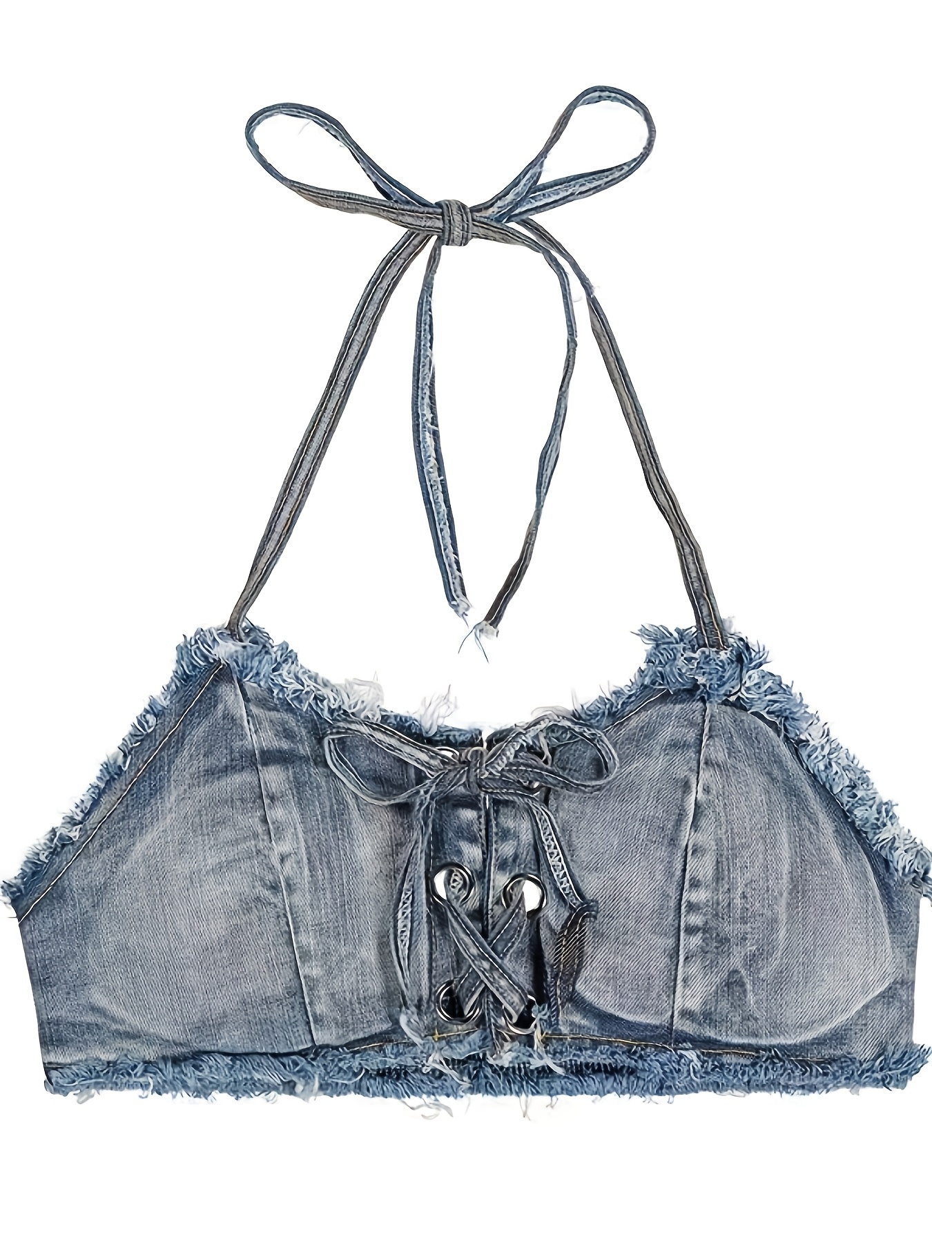 Women'S Sexy Retro Low-Cut Denim Bikini Top - Sleeveless Button Detail Non-Stretch Beachwear, Solid Color All-Season Versatile Swimwear for Poolside & Summer Outfits, Poolside Attire, Durable Swimwear, Casual Swimwear, Lightweight Material, Stylish Swimwear, Vacation Essentials - Image 3