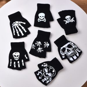 1 Pair Acrylic Halloween Skull Fingerless Gloves | Lightweight, Funky Style, Knit Fabric, Machine Washable