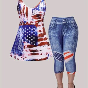 Two-piece Set American Flag Print Scoop Neck Sleeveless Strap Flare Top & Skinny Capri Leggings Outfits, Women's Casual Clothing