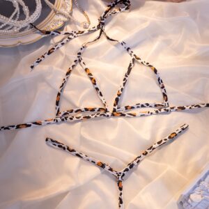 Western Style Sexy Leopard Print Hollow-Out Lace Bra and Thong Set for Women