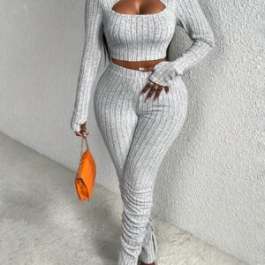 Women's High-Neck Hollow-Out Top Slim-Fit Pants Two-Piece Set