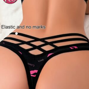 3pcs Red Lip Print Thong with Cross Straps and Cut-Out V-Design for a Sexy Date