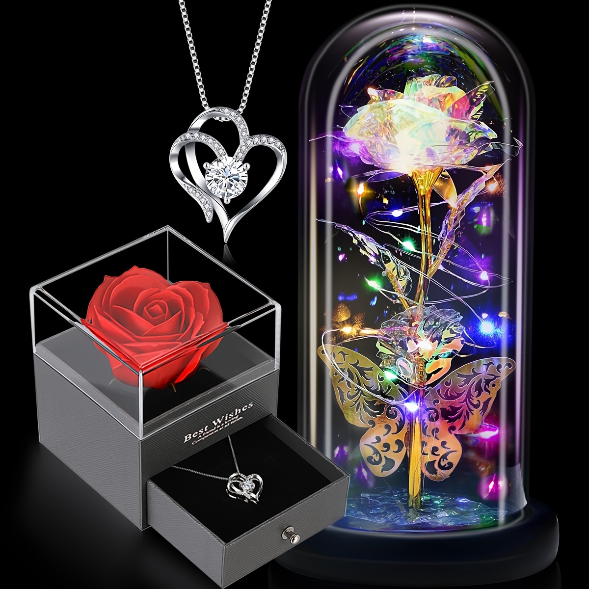 Enchanting 2pcs Gift Set for Her - Light-Up Preserved Rose in Glass & Heart Necklace, Perfect for Mom, Wife, Sister, Grandma on Mother's Day, Birthday, Christmas, Valentine'sChristmas - Image 4