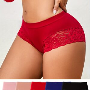 5pcs Women'S Sexy Seamless Breathable Red Lace Trim Panties - Mid-Rise Briefs with Contrast Lace Trim, Solid Color, Comfortable & Stylish Underwear for Women, Lace Trim Panties, Comfortable Underwear, Elegant Underwear, Soft Fabric