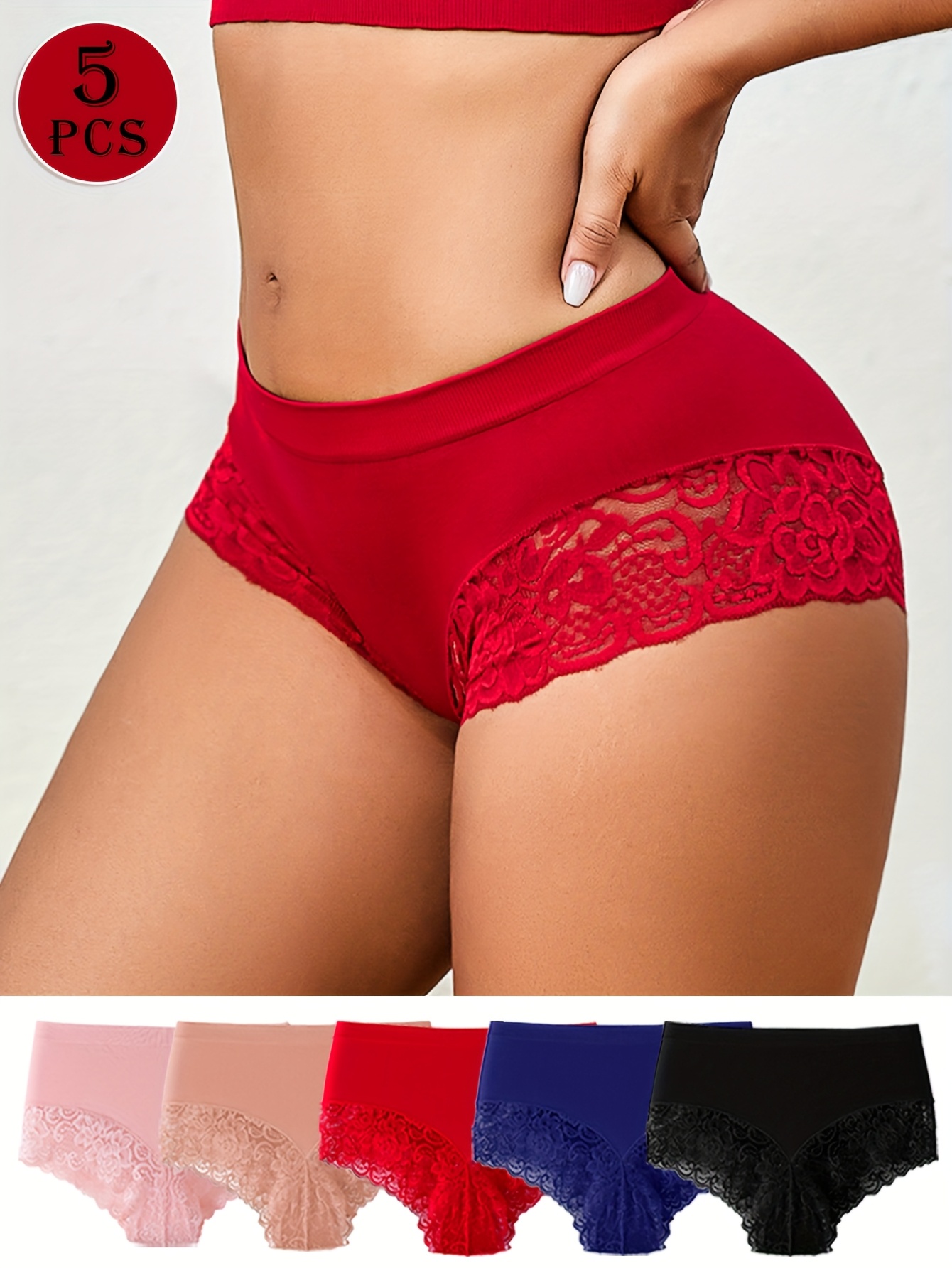 5pcs Women'S Sexy Seamless Breathable Red Lace Trim Panties - Mid-Rise Briefs with Contrast Lace Trim, Solid Color, Comfortable & Stylish Underwear for Women, Lace Trim Panties, Comfortable Underwear, Elegant Underwear, Soft Fabric