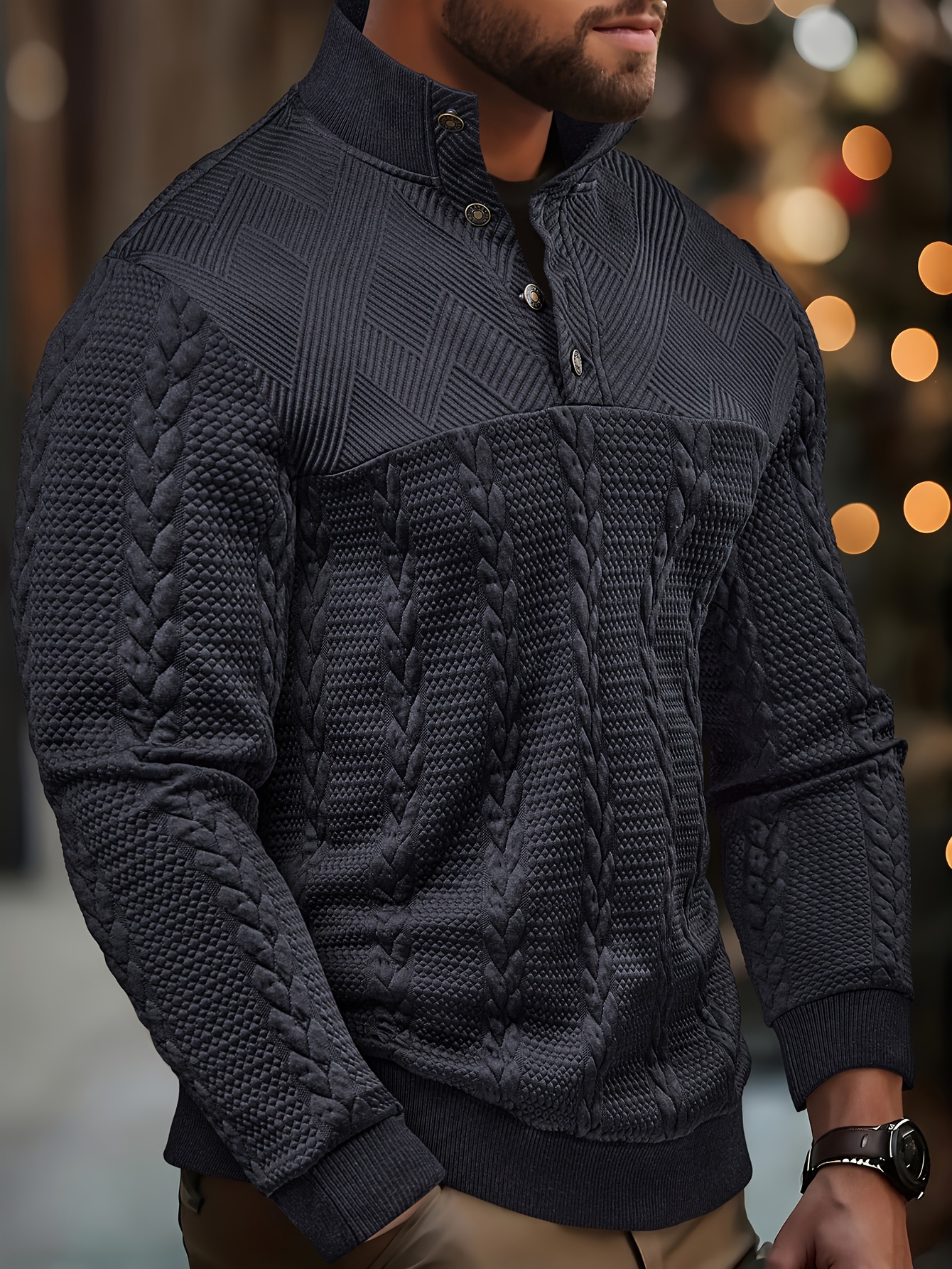 Men's Fashion Jacquard Padded Shirt, Comfortable Soft Long Sleeve with Elastic Hem and Ribbed Splicing, Suitable for Daily Work Vacation and Outdoor Wear, Spring Autumn, Christmas Men's Gift - Image 2