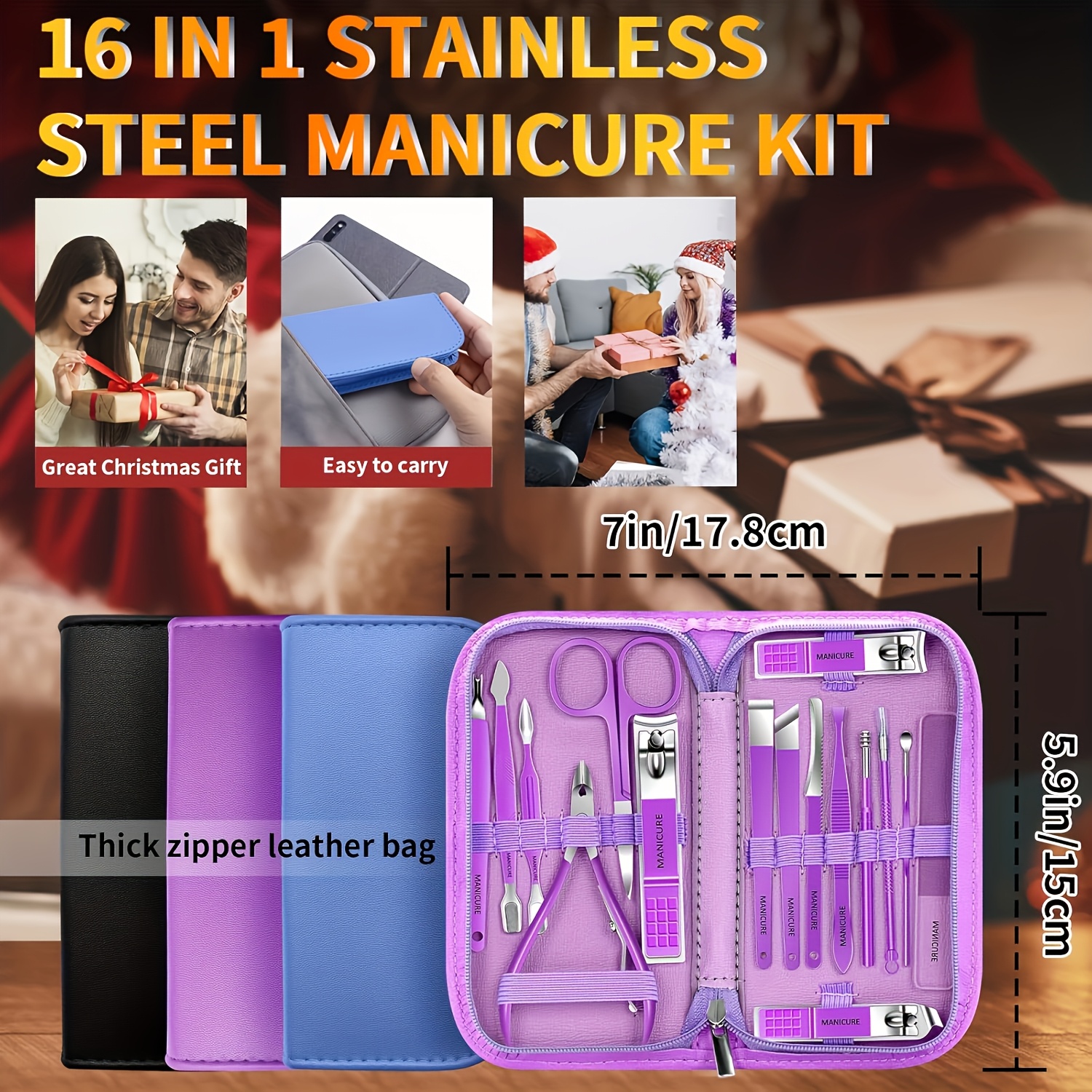 16pcs Professional Stainless Steel Nail & Pedicure Kit with Storage Case - Heavy-Duty Manicure & Foot Care Set, Tweezers, Ear, Scissors & File for home, Travel - Suitable for s &, Christmas/Valentine's Gift - Image 2