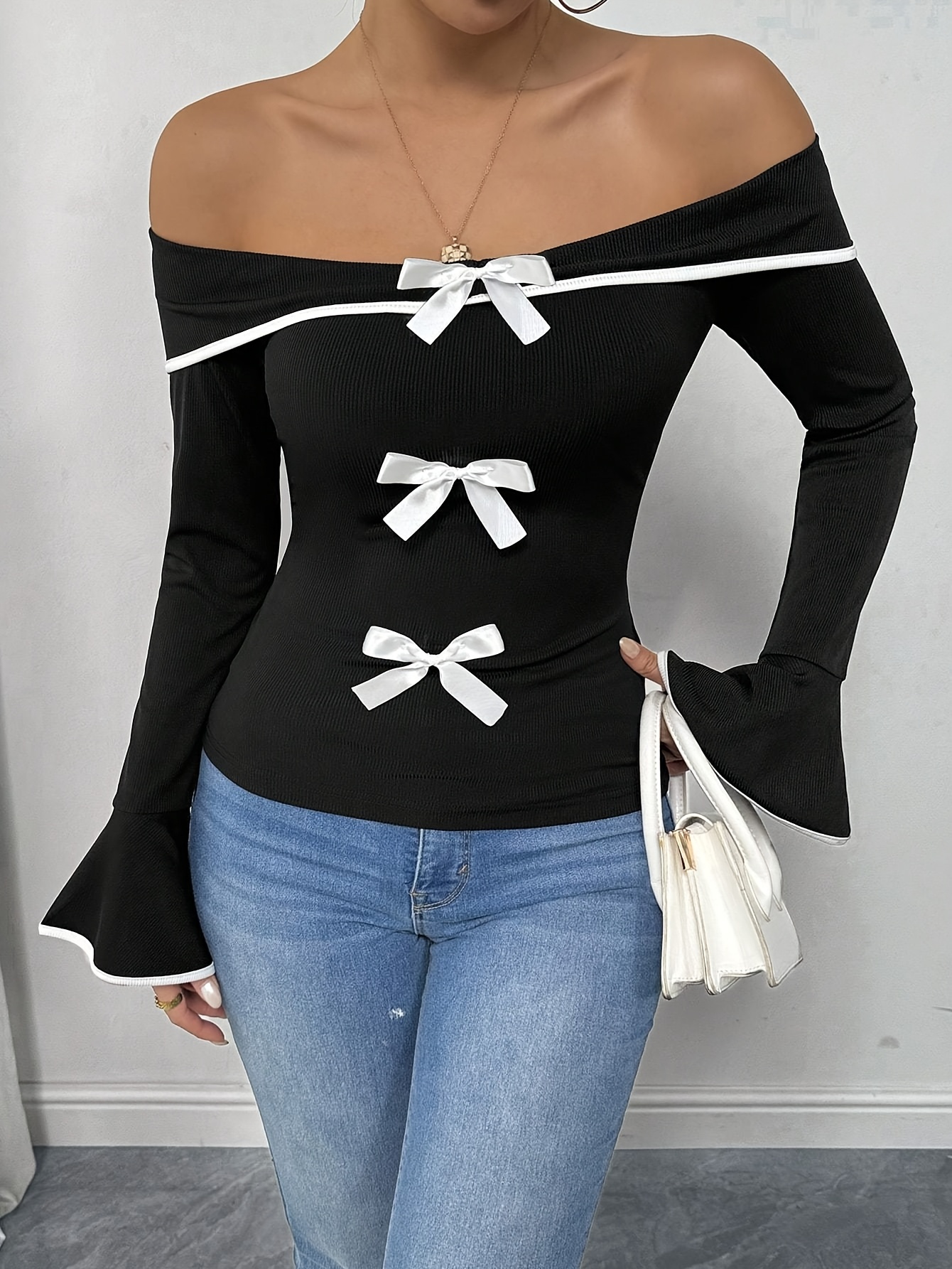 Women's Blouse, Elegant Bow Accent Collar, Short Sleeve Top with Black & White Pinstripe-like Strap, Wrinkle-Resistant All-Season Shirt, Machine Washable, for Office, Party & Casual Wear - Image 2