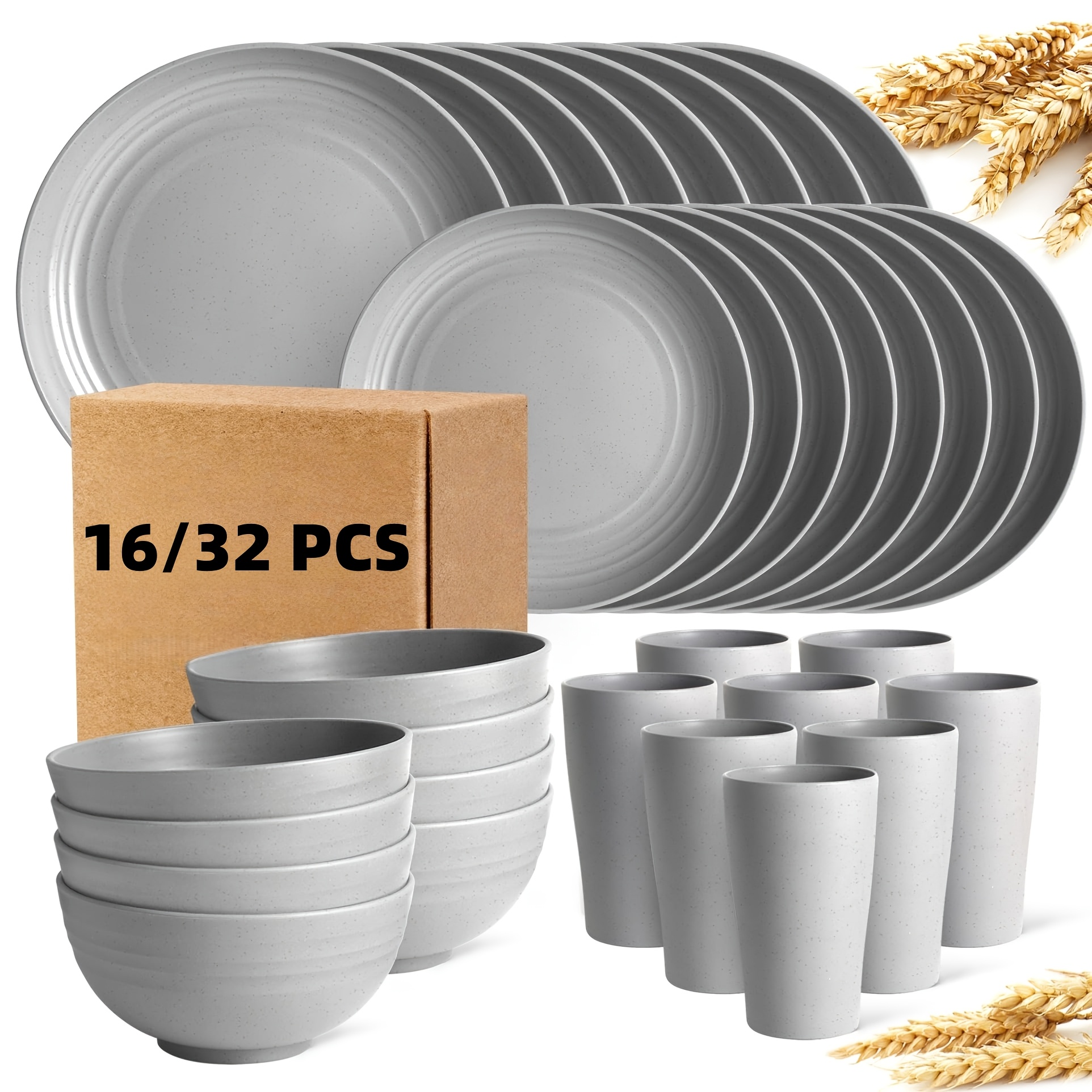 16/32pcs Kitchen Plastic Wheat Straw Tableware Set, 4/8 People, Plates, Dessert Plates, Cereal Bowls, Cups, Unbreakable, Lightweight Shatterproof for Camping/Daily Use/Parties/Weddings, Gift for Halloween/Christmas, Local Warehouse Item