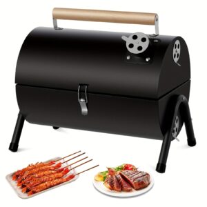 Compact Portable Charcoal Grill Barrel, Dual-Sided Foldable Design with Wooden Handles, Ideal for Outdoor Cooking & Camping, Grilling Shrimp Meat & Vegetables, Black Stainless Steel Smoker, Barrelshaped Grill, Easy Lift Lid