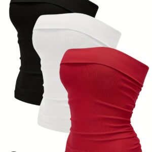 3pcs-Women'S Spring And Summer New Lapel Double Bandeau Strapless Vest, Comfortable And Soft Fabric, Suitable For Everyday Wear, Dating, Party, Dancing, Running, Pilates Sports