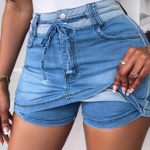 Women's Sexy Contrast Color Patchwork Denim Skorts with Adjustable Drawstring Waist & Slant Pockets - Machine Washable Summer Shorts for Casual Outings