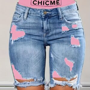 2-In-1 Denim Shorts Colorblock Print Ripped Shorts/w Workout Running Shorts