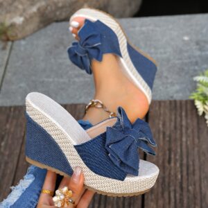 European and American Style High Quality Platform Elegant High Heels for Women, Summer Bow Design New Fashion Thick Sole Wedge Large Size Slippers