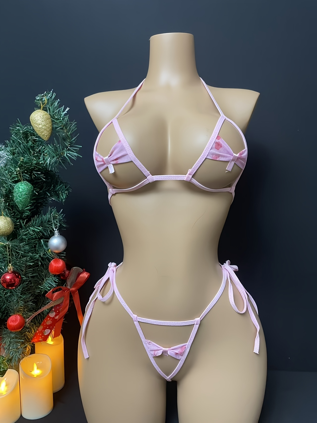 Sexy Lace-Up Bikini with Bow Tie, Adjustable Pink Set for Christmas New Year Valentine's Day in Random Print - Image 3