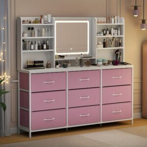 Makeup Vanity With Large Mirror, Vanity Desk With 9 Fabric Drawers & 8 Storage Shelves, Bedroom Dressing Table For Women, Girls, 3 Lighting Colors Adjustable, White