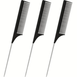 3-Pack Hair Rat Tail Combs Set - Heat-Resistant Carbon Fiber Teasing Comb, Fine-Tooth Detangling Brush with Black/Powder Stainless Steel Pintail, Metal Handle For Normal Hair Styles - Ideal Christmas Gift For Women, Sleek Design