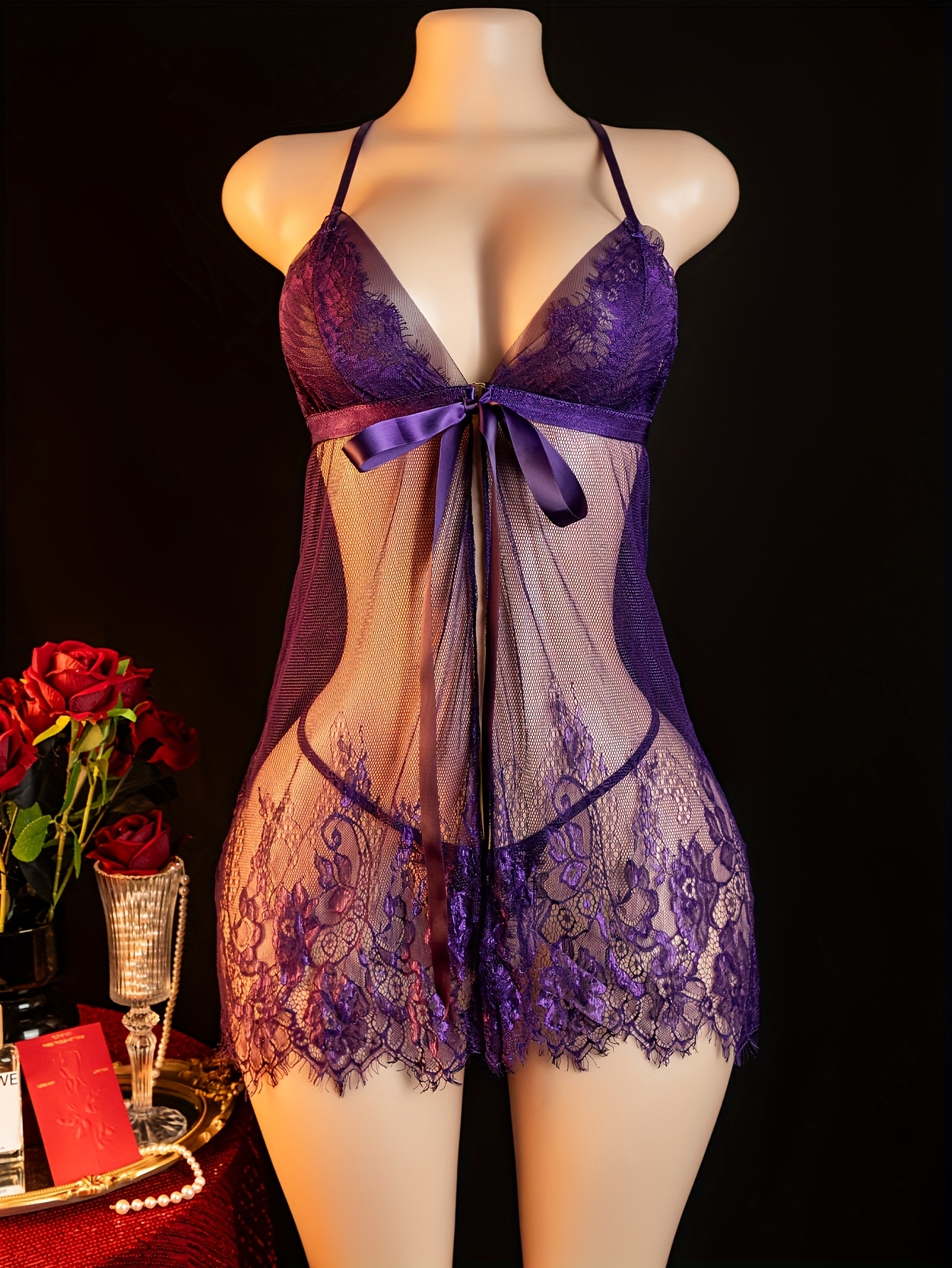 Women's Sexy Lace Camisole & Thong Lingerie Set - Sheer Short Skirt Panty Two-P…