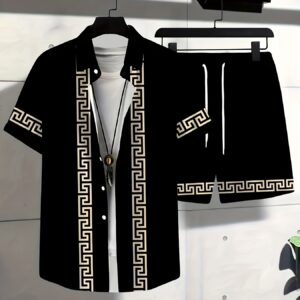 Men'S Summer Casual Short Sleeve Shirt & Shorts Set - Black with White Geometric Pattern, Button-Up Collar, Lightweight Fabric for Golf, Fishing, Beach, and Outdoor Activities, Beach Attire|Geometric Pattern Shirt|Slight Stretch Fabric