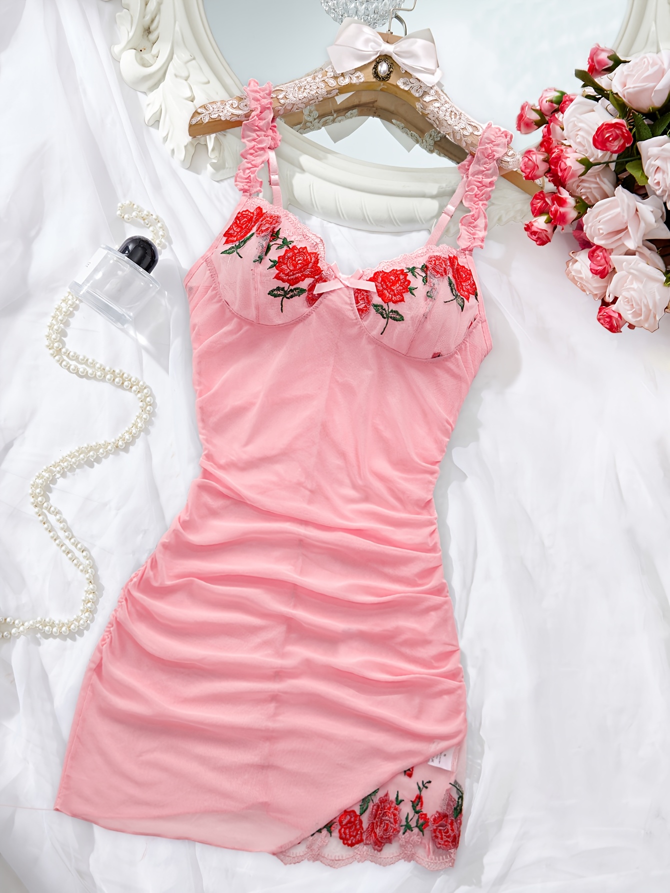 Ladies Embroidered Home Wear Strapless Slip Dress | Includes Thong, V-neck, All-season Comfort - Image 11