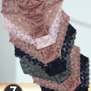 [Floral Lace Satin Briefs] 7pcs Women's Floral Lace Satin Briefs - Semi-Sheer, Mid-Rise Patchwork Underwear with Contrast Lace Trim, Solid Color, Sexy & Stylish for Casual Attire, Cute Underwear, Satinlike Texture