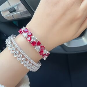 Christmas Limited 925 Silver Red & White Double Heart 7*7 Full Moissanite Bracelet, Luxury Retro Colorful Jewelry, Perfect Holiday Gift for Best Friends & Classmates, Holiday Jewelry, Gift for Her, Bohemian Jewelry, Elegant Design