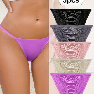 5pcs Women's High-Waist Glossy Briefs - Low-Rise Underwear with Elastic Fit, Glossy Wrinkle Trim & Solid Color (Non-Sheer) - Elegant for daily Wear, Lifestyles - Pack Value (5)