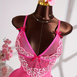 2pcs floral lace splicing sexy sleepwear set, Bow Deep V-neck design See-through thong, Women's seductive lingerie nightgown