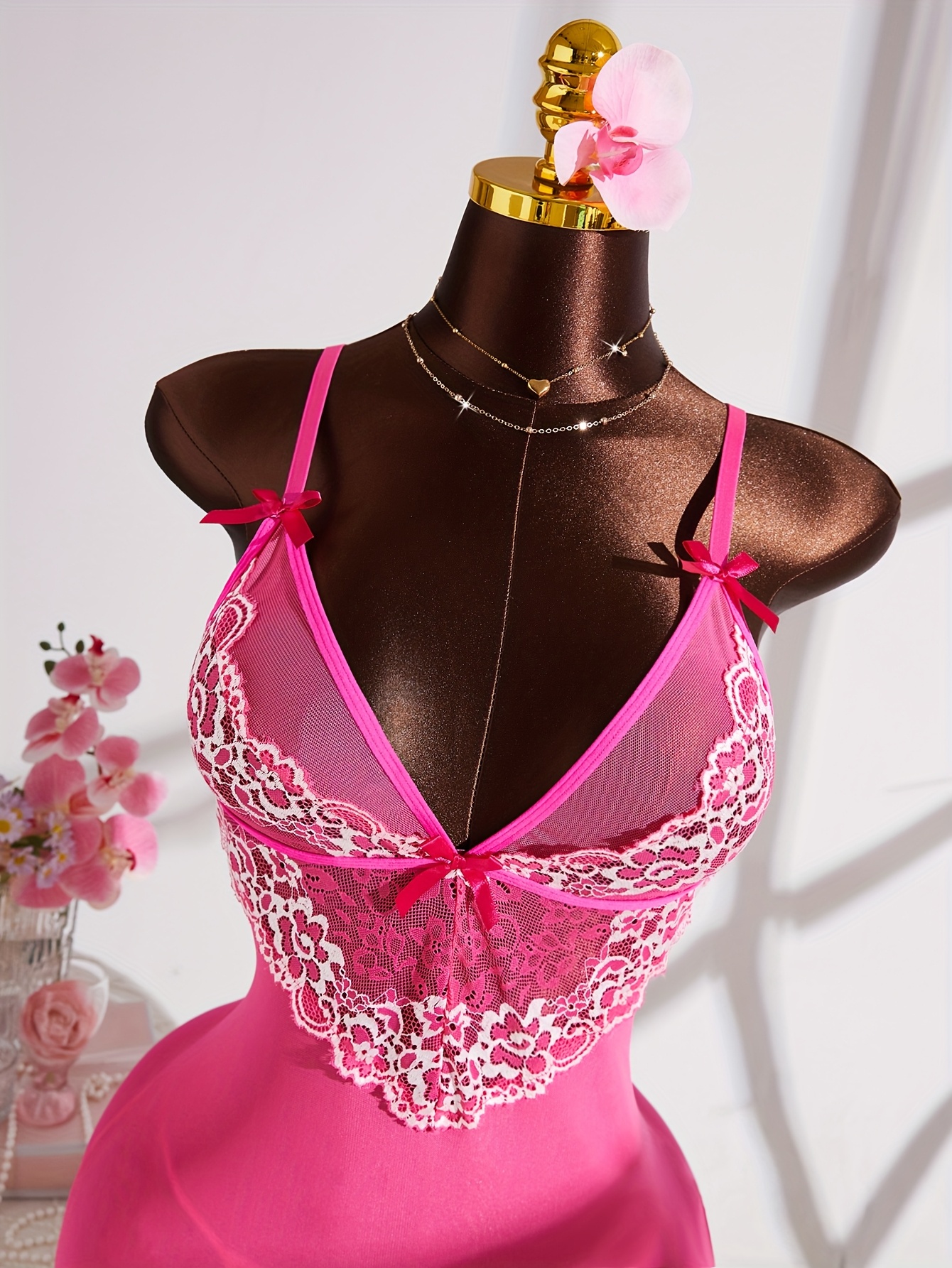 2pcs floral lace splicing sexy sleepwear set, Bow Deep V-neck design See-throug…