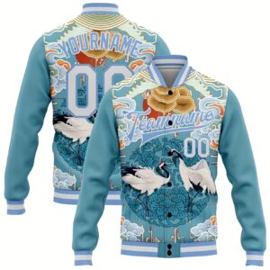 Custom Men'S Baseball Jackets Featuring Crane And Cloud Designs, Embodying Traditional Aesthetics, Durable And Stylish for Casual Wear.