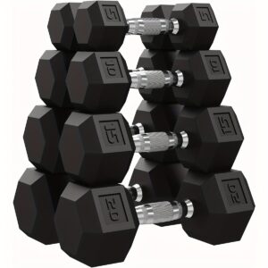 5-50 LB Hex Dumbbell Set of 2 | Hand Weights Dumbbells Pair with Cast Iron Core, Rubber Encased Coating, Textured Carbon Steel Handle for Home Gym Strength Training, Whole Body Target.