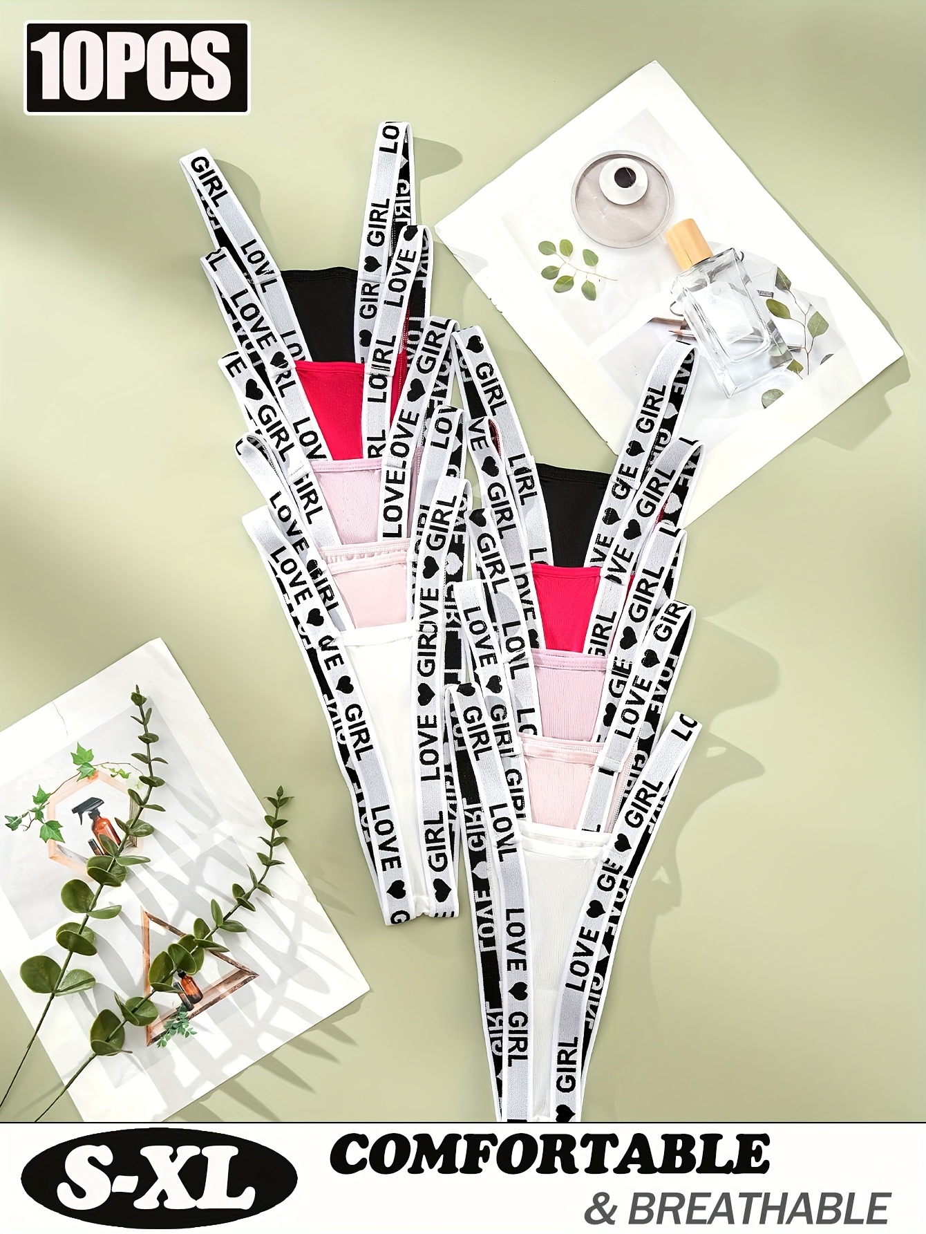 10pcs Letter Belts Satin Fashion Glossy Women'S Thong Made of Satin Fabric, Comfortable And Breathable, Sexy And Playful Women'S Underwear with LOVE Belt, Trendy Unique Design, Suitable for Everyday Wear, Can Be Paired with Low-Rise Pants And Other - Image 2