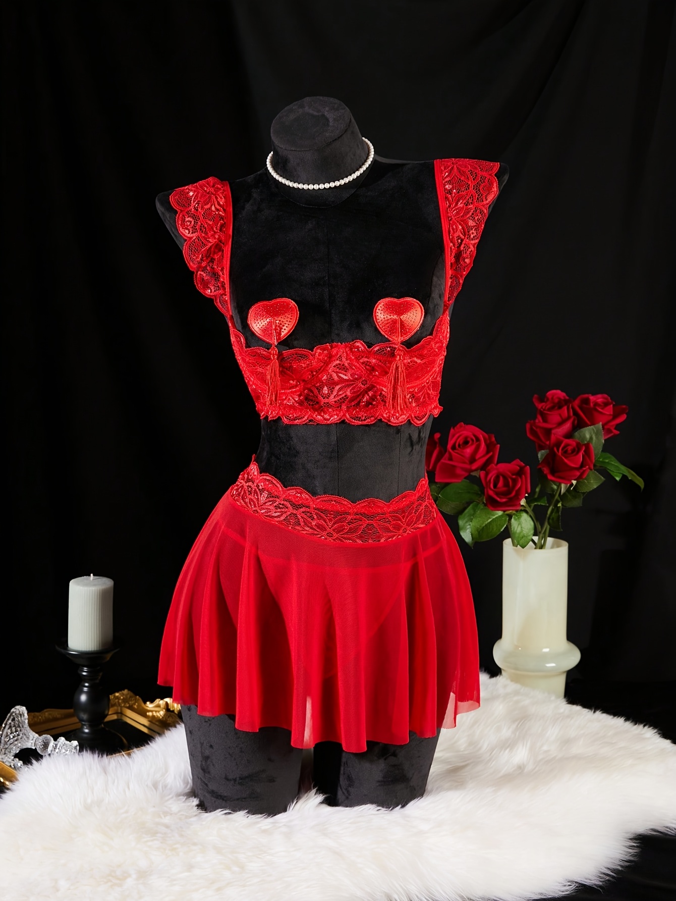 4pcs Sheer Mesh Lingerie Set with Heart Tassel Pasties | Seductive Date Night Intimate Wear, Medium Support, Drop Waist, Solid Color, Perfect for Adults, by - Image 3