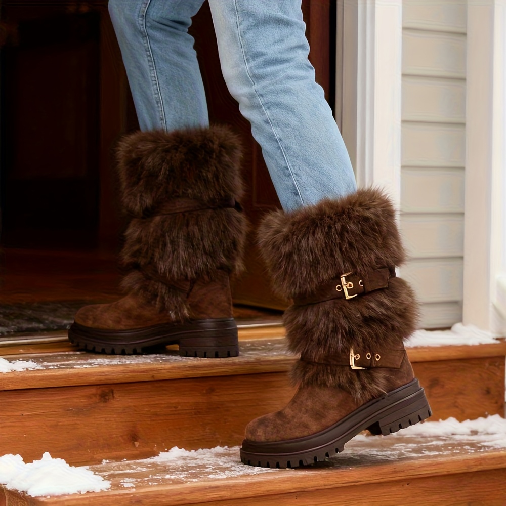 faux fur Mid-Calf Snow Boots for Women | Round Toe Platform Heel, Non-slip Pull On, Warm Shoes with Buckle Decor, Fluffy Furry, Comfortable Fashion Luxury Outfit, Outdoor Winter Booties Woman - Image 9
