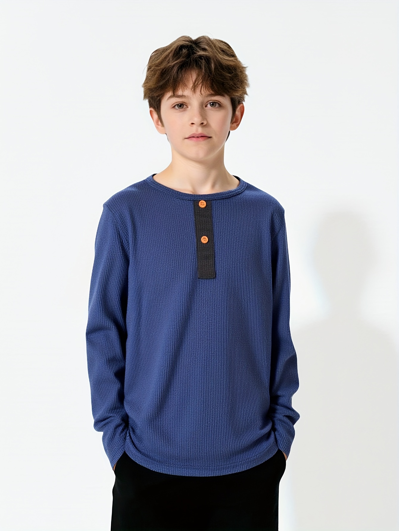 3pcs boys' solid color knitted plaid soft and comfortable long sleeved round neck top, boys' fashionable contrasting color placket button decoration long sleeved pullover - casual round neck, soft polyester blend, suitable for spring and autumn - Image 10