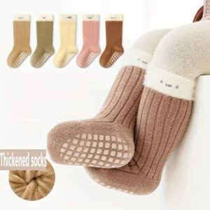 [Warm Fleece-Lined Socks] 2-Pack Warm Fleece-Lined Kids Socks | Non-Slip Mid-Calf Toddler Socks | Autumn/Winter Unisex Baby