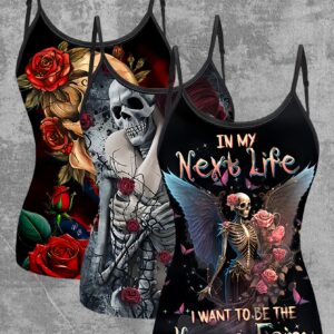 3pcs European and American Women's Spring/Summer New Adjustable Strap Sleeveless Camisole Top with Digital Print Rose Skull Pattern
