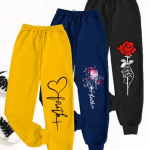 [Floral Jogger Pants] 3pcs Women's Oversized Floral & Bird Print Jogger Pants | Soft Breathable All-Season Casual Athletic Pants, Elastic Waist & Cuffed Hem