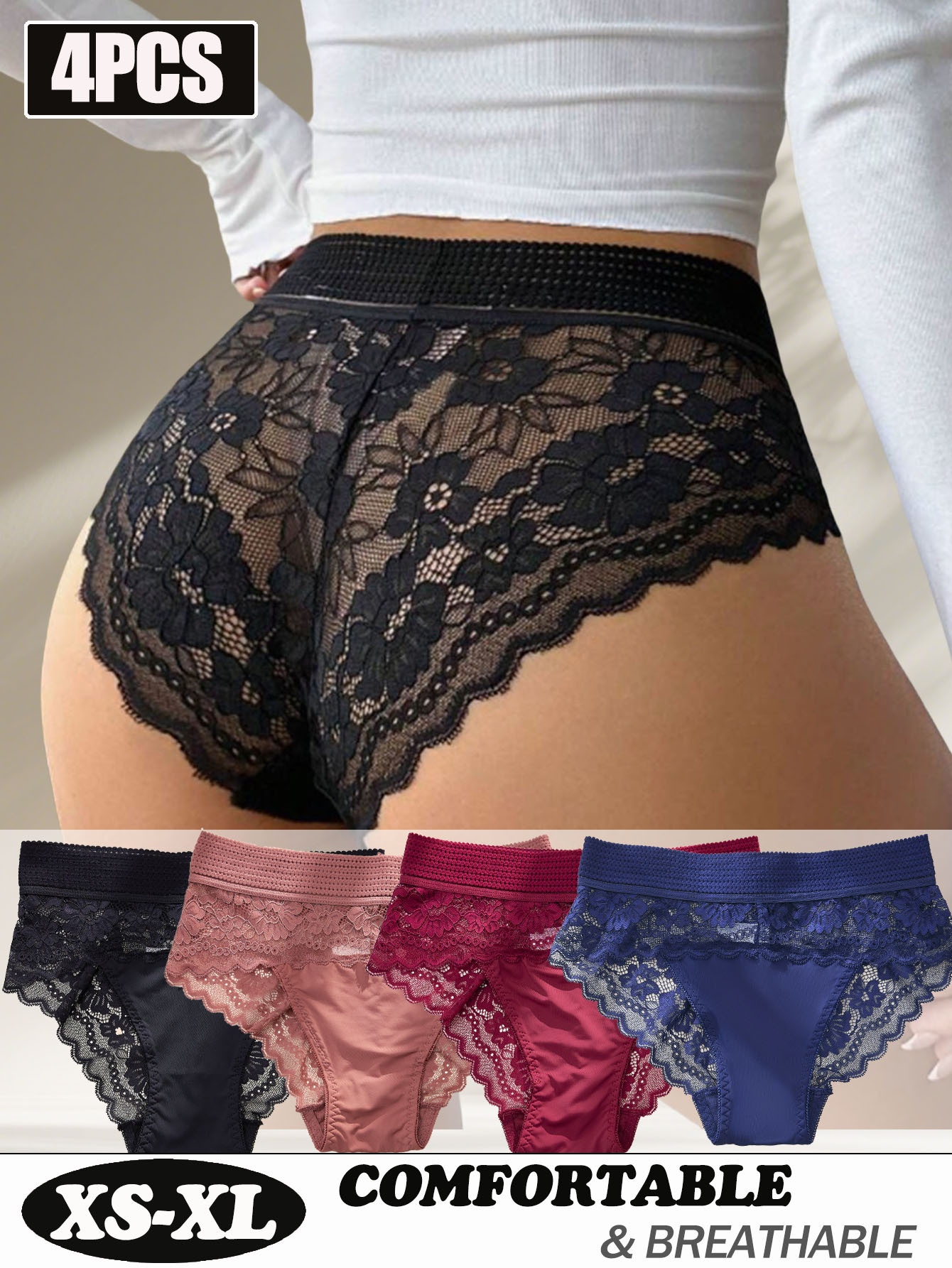 4pcs Lace Panel Mid-Rise Women'S Triangle Panties with Elastic Waistband, Comfo…