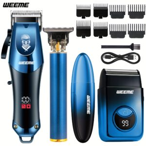 Electric Hair Clipper] 4pcs Men's Electric Hair Clipper Set - Wireless USB Rechargeable Lithium Battery, Modern Blue Gradient Design, Includes Nose Hair Clipper & Shaver, Ideal Gift for Men, Hair Accessories, Barber Tools, Barber Accessories, Sleek Grooming Tool, Durable Construction, Hair Cutting Machine, Barber Kit, Professional Barber Machine, Men's Grooming Kit, Hair Clipper For Men, Shaving Machine For Men, Barber, Clipper For Men, Beard Trimmer For Men