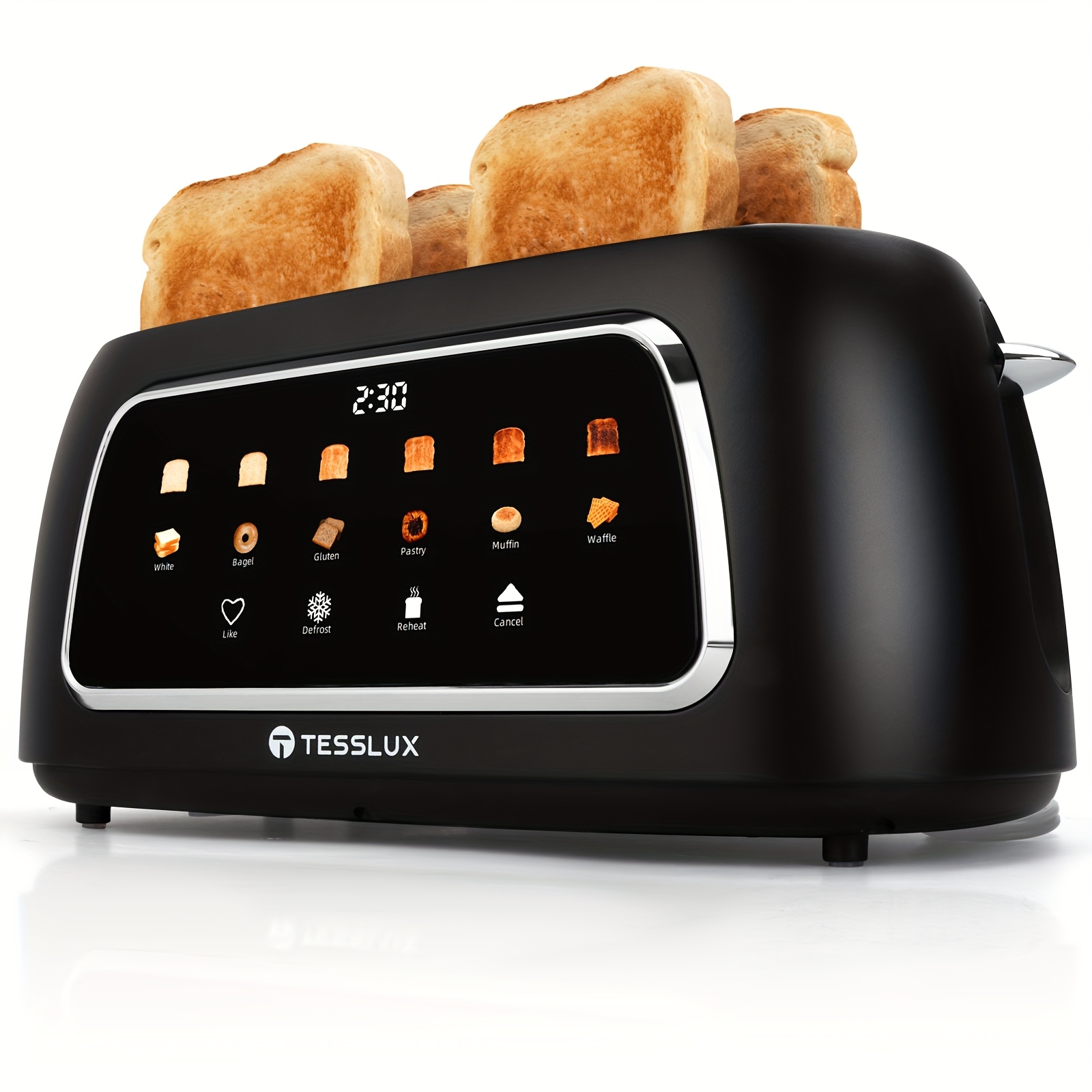 4 Slice Toaster, Touch Screen Control, 1.5" Wide Long Slots, 6 Browning Levels & 6 Bread Types, Digital Timer, Memory, Defrost, Reheat, BLACK
