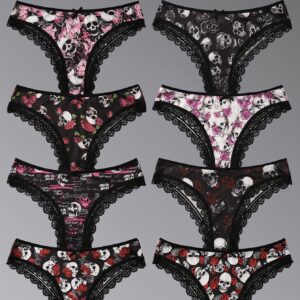 Set of 8 Women'S Panties Featuring a Rose Skull Print And Decorative Details, Comfortable And Breathable High-Elastic Underwear, Sexy And Cute Ladies' Lingerie And Panties.